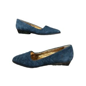 Vintage Joan and David Leather Quilted Low Heel Flats Teal Gold Italy Size 6.5